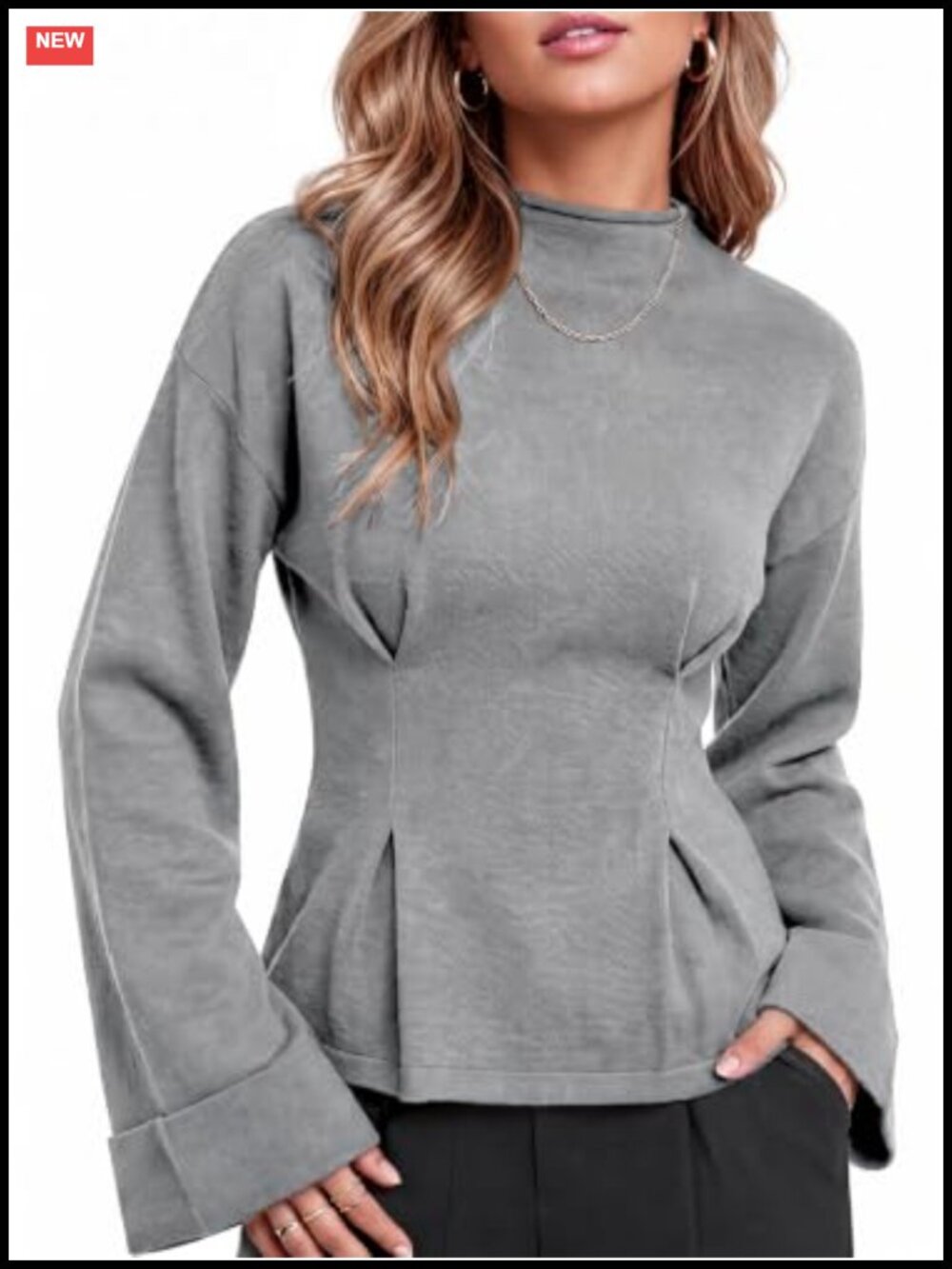 Women's Knit Peplum Pullover Sweater, Long Sleeve Mock Neck Top